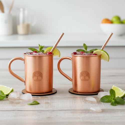 India House - Livets träd Moscow Mule Cup Set, 16 oz | Cocktail kopp Set | Kopparglas | Festgåva ren koppar enkel slät efterbehandling set med 2 muggar med sugrör och underlägg