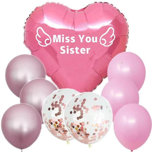 Miss You Sister Memorial Heart Balloon with String for Sister's Memorial, Remembrance Ceremony, Sympathy Gift, Tribute Event, Cemetery, Outdoors, Garden Yard, Grave Markers, Bouquet Topper