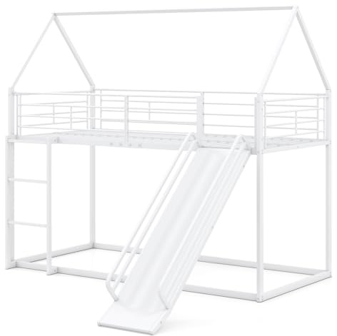 COSTWAY Cama Litera en Forma de Casa con Tobogán, Cama Doble Infantil con Barandilla de Seguridad y Escalera, Cama Alta Robusta con Soporte de Lamas Metálicas, No Requiere Somier, 200 x 90 cm (Blanco)