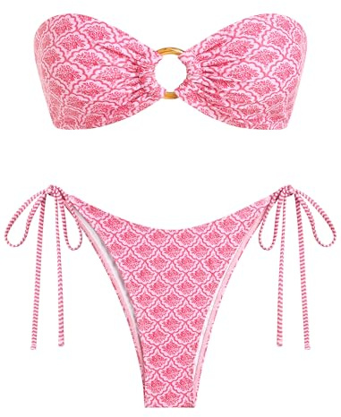 ZAFUL Women's Bandeau Bikini Strapless O Ring Lace Tie Back High Cut Two Piece Swimsuit Bathing Suits (5-Pink Floral, M)