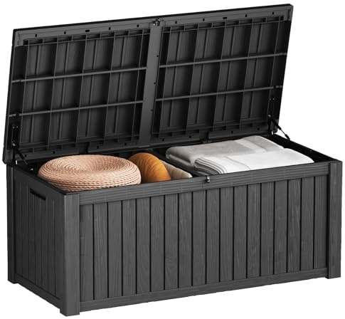 PATIOEASY Outdoor Storage Box 180GAL Waterproof Resin Deck Box,UV-Resistant Lockable Package Delivery Bin for Garden Tools,Large Patio Outside Cushions,Pool Accessories Supplies,Chest,Furniture,Black