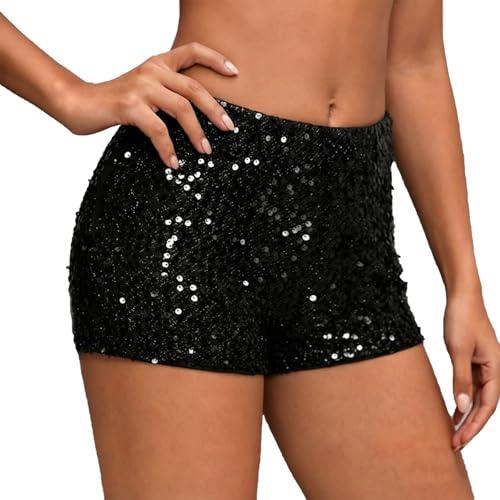 Womens Sequin Shorts, Solid Colour Sparkly Glitter Hot Pants Elastic Waist Y2K Night Out Bottoms Clubwear Rave Party Outfits Black