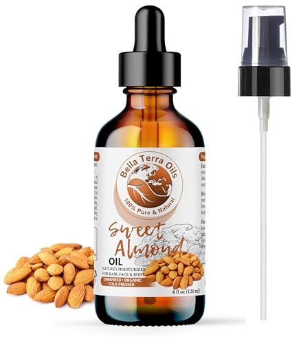 Bella Terra Oils - Organic Sweet Almond Oil 4oz - A Symphony of Vitamin E & Oleic Acid, Pure Cold-Pressed Essence, Luxe Touch for Skin