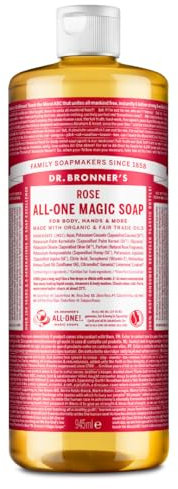 Dr Bronner's 18-in-1 Rose Pure Castole Liquid Soap, Made with Organic Oils, Used for Face, Body, Hair, Laundry, Pets and Dishes, Certified Fair Trade & Vegan Friendly, 946ml Recycled Bottle