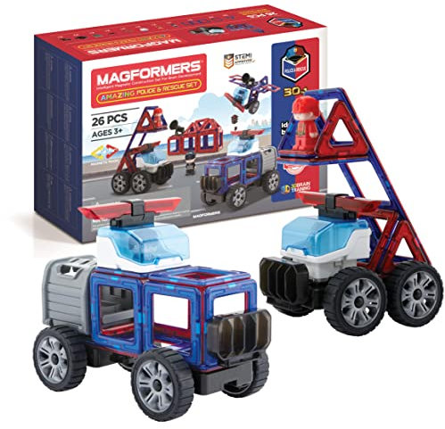 Magformers Amazing Police And Rescue Magnetic Building Blocks Tile Toy. Makes Cars And Buildings In A Police Theme. A STEM Toy For Children Aged 4+. With Police Character And Car.