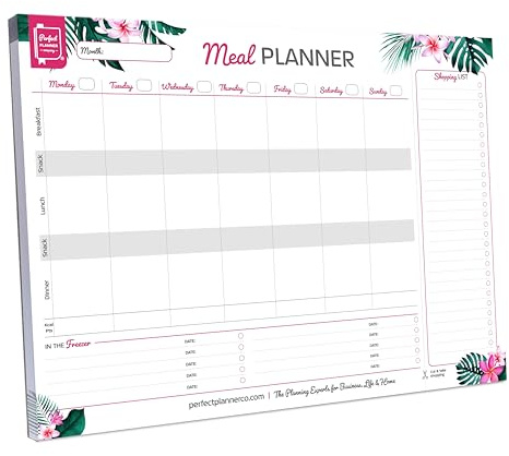 Perfect Planner Company - Weekly Meal Planner Pad - A4 Tear Away Design - Shopping List - Calorie Tracker, and In The Freezer Section - White, Landscape, 50 Pages