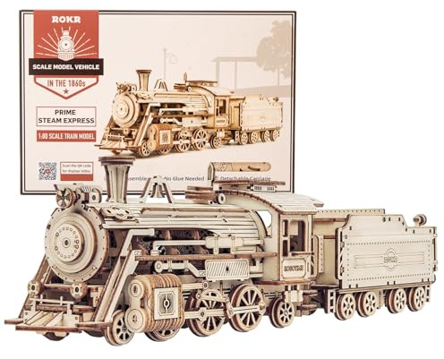 ROKR 3D Wooden Puzzle for Adults Mechanical Car Model-DIY Building Vehicle Kits-Brain Teaser Toys-Gift for Men Women on Birthday/Christmas Day (Steam Train Model with Carriage)