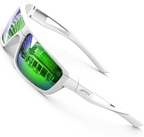 ATTCL Sonnenbrille Herren Polarisiert Für Sports: UV Schutz Leicht Wrap-Around TR90 Rahmen Rutschfest Autofahren Angeln Golf J2021 Weiß-Grün