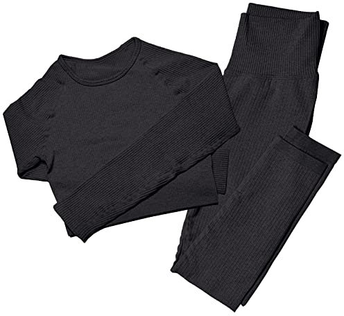 MAYROUND Seamless Women Yoga Sets 2 Pieces Ribbed | Long Sleeve Top and High Waist Leggings Gym Clothes Set | Women’s Sportswear Set