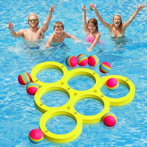 Hiboom Pool Game with Score, Combo Foam Pool Floats with 10 Colorful Tossing Balls, Toss Game Swimming Party Toys Accessories for Family Par, Dive Rings(Triangle,Yellow)