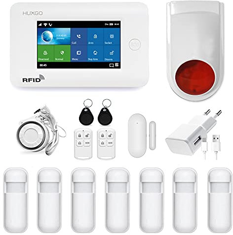 HUXGO HXA006 Funk Alarmanlage WiFi + GSM 4G Modul mit 7 Bewegungssensoren und Funksirene - Bewegungsmelder mit Alarm, SMS-Benachrichtigungen, Steuerung vom Telefon aus