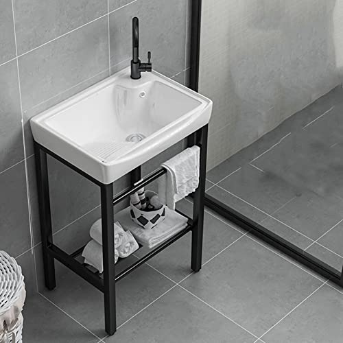 Blanco Lavabo de Cerámica,lavadero de Baño Lavabo de pie con Pedestal Lavamanos Pedestal Mueble de Baño , Fregadero con Soporte de Acero Inoxidable,Grifo,para Lavandería,Patio Garajes,Baños y Aseos (