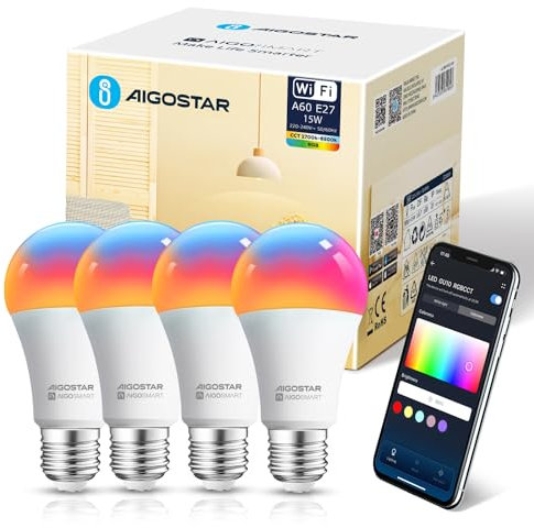 Aigostar Alexa WLAN Glühbirne E27 SL2 Smart Lampe 15W 1500ML (Équivalent 98W), Wifi Lampe LED RGB 2700-6500K Dimmbare, Mit Musik synchronisieren, mit Alexa/Google Home, Kein Hub notwendig, 4 Stück