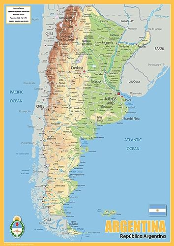 The Oxford Collection Mapa físico de Argentina, tamaño A2, papel laminado