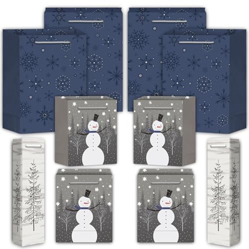 PANSIBY Geschenktüten Weihnachten, 10 Stück Weihnachtstüten mit Tragegriff, Tüten aus Kraftpapier, Blau Grau Weihnachtstaschen in Vielen Größen