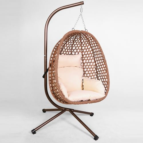 GOODS EMPORIUM Luxury Folding Hanging Rattan Egg Swing Chair Patio Garden Cocoon Relaxing Hammock with Cushions (Brown, Single)