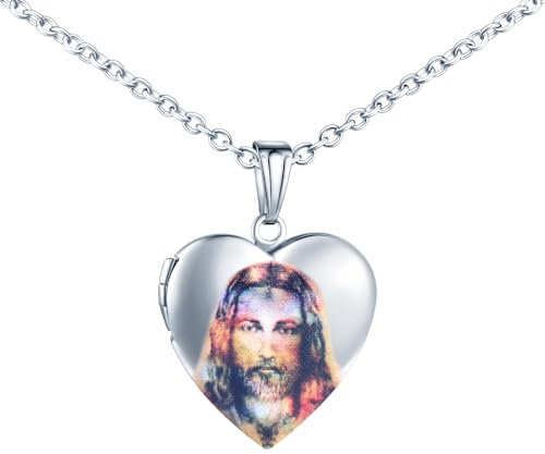MICMIF Halskette Herz Medaillon mit Christlicher Jesus, Religiöse Medaille Amulett Halskette für Bild Foto Personalisiert, Edelstahl Bilder Medaillon Schmuck für Damen Herren