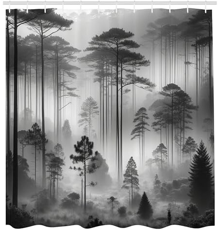 ABAKUHAUS Schwarz und Weiß Duschvorhang, Nebelwald mit hohen Bäumen dünnen Stämmen Natur in achromatischen Farben, Stoffliches Gewebe Badezimmerdekorationsset mit Haken, 175 x 200 cm, Blasses Grau