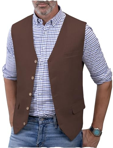AeoTeokey Gilet da uomo in lino, estivo, con scollo a V, leggero, vestibilità regolare, caffè, XXL