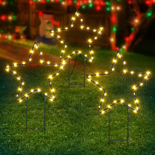 BrizLabs Luci di Natale da Esterno Stella, Set di 3 Luce Natalizie a Stella da Giardino con Timer 90 LED Impermeabile Metallo Illuminazione Decorazioni per Balcone Feste Matrimonio, Bianco Caldo