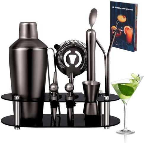 Zanfqvo 700ml Coctelera Profesional, 14 Piezas Cocktail Kit con Soporte, Pinzas Hielo, Tapon Vino, Medidor Cocktail, Bartender Kit Regalos para Hombres Amantes del Cocktail (Negro)