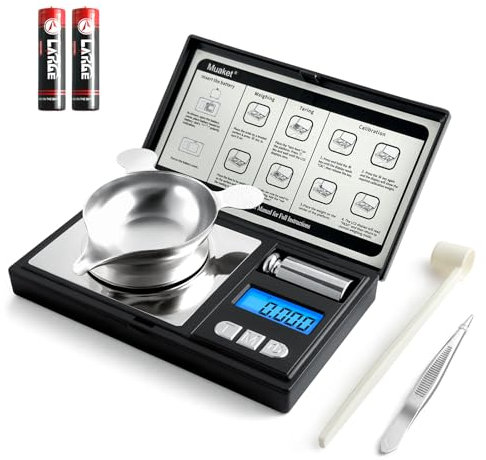 Muaket 50g/0.001g Feinwaage Hochpräzise, Electronische Milligramm Waage, MG Waage mit Kalibriergewichten, Digitalwaage zum Wiegen von Pulvern, Schmuck, Medizin, mit Pinzette und Waagschale, Schwarz
