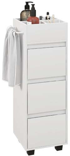 HOMCOM Badrumsskåp, badrumsskåp, badrumsskåp, förvaringsskåp med 4 övre fack, 3 lådor och handdukshållare för trånga utrymmen, 35 x 30 x 90 cm, vit
