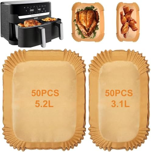 100 Stück Backpapier für Tefal EY9018 5,2/3,1 L, Cecotec 5,5/3,5 L, Lakeland 5L/3L, Backpapier für Heißluftfritteuse Philips Dual Basket Airfryer 3000-Serie, DMS, Cecotec, Luftfritteusen Zubehör