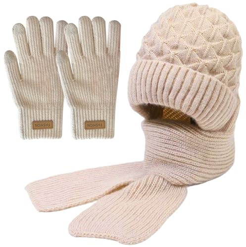 JSTHHTT Winter Warm Knitted Cap & Neck Warmer & Gloves Sets, Soft Thick Plush Lined, Knit Beanie Hat Scarf Gloves for Ladies, Girls, Winter Gift