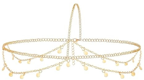 SGERUFZ Göttin Kopfkette, Pailletten Boho Quaste Haarkette, Wahrsagerin Kopfschmuck, Kopf Kette Schmuck, Braut Festival Kostüm Haarschmuck für Frauen und Mädchen (Gold)