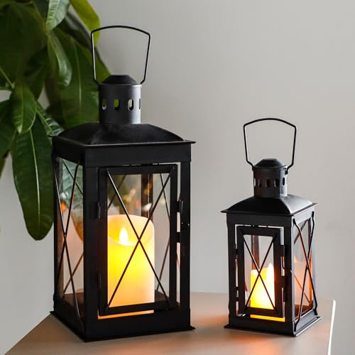 TRIROCKS Set von 2 dekorative Kerze Laterne 30cm & 20cm hoch Metall Kerze Halter hängende Laterne perfekt für Home Decor Patio Wohnzimmer Partys Veranstaltungen Tischplatte drinnen im Freien (Schwarz)