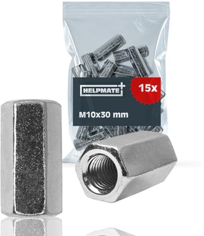 HELPMATE - Dado di prolunga M10 - acciaio zincato - 15 pezzi - Dado di prolunga esagonale per collegamento di filettature metriche (10x30x17)