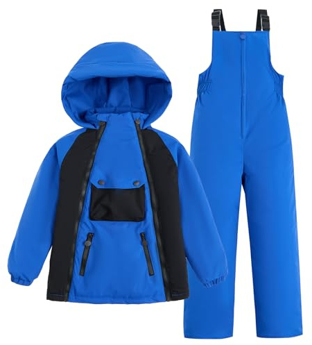 JiAmy Bambini 2 Pezzi Snowsuit Set Inverno Con Cappuccio Piumino Giacca Da Neve Pantaloni Ultralight Outfit Ragazzi Ragazze Tute Da Sci, Blu, 6-8 Anni