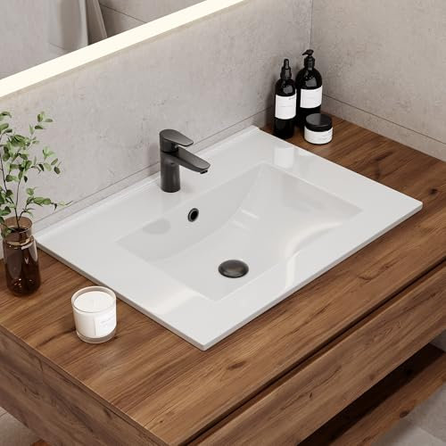 HOROW Lavabo encastré, carré, en céramique, 60 cm de large, blanc, pour meuble bas, avec trop-plein, idéal pour les toilettes d'invités et les petites salles de bains