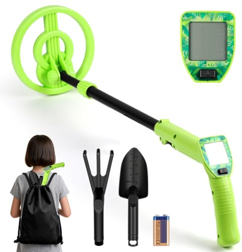 Flintronic Detector de Metales Niños, Detector de Metales con Pantalla LCD e Indicación de Sonido, Detector de Metales de Mano con Bobina de Búsqueda Impermeable, para Búsqueda de Metale, Verde