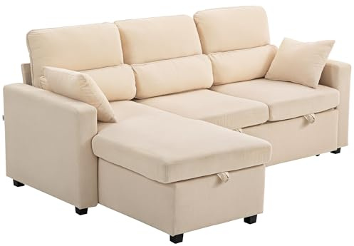 HOMCOM Divano Letto 3 Posti con Chaise Longue Convertibile, Divano Angolare con Penisola Vano Portaoggetti e 2 Cuscini, in Velluto a Coste, per Soggiorno Salotto Ufficio, 205x135x76 cm, Beige