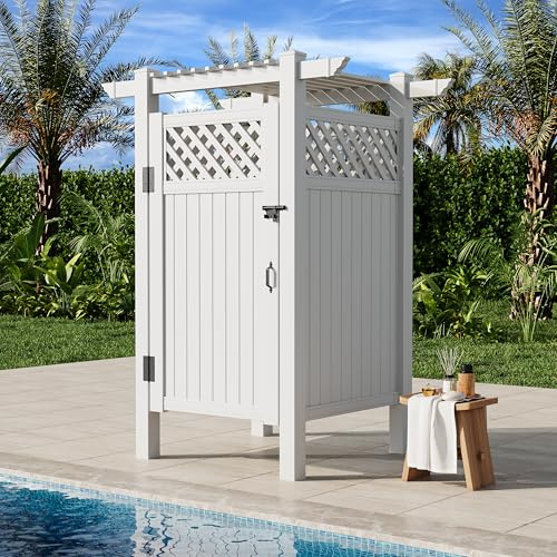 EROMMY 88.5H x 57.5W x 47.75L White PVC Outdoor Shower Enclosure with Door, Weatherproof Privacy Stall for Pool & Beach, Durable Vinyl Construction（Grid-panel with roof）