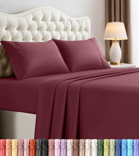 Queen Sheets Set, 4 Pieces 16 Deep Pocket Hotel Luxury Bedsheets, Burgundy