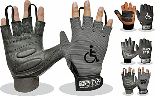FITIZ Guanti per sedia a rotelle, in vera pelle, con palmo imbottito per la mobilità, traspiranti, senza dita, con impugnatura antiscivolo, leggeri (grigio, XL)