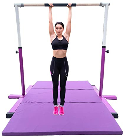 XDance Expandable Gymnastics Bar Kip Bar with 6'x4' Tumble Gymnastics Mat Set for Kids, Adjustable Height 3 to 5 FT Horizontal Bar Professional Junior Gymnast Gymnastic Bar Asymmetric Bar Purple