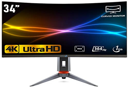 SIMPLETEK - Monitor Curvo Ultra Wide QHD 21:9 144Hz 4K da 34 | Altoparlanti incorporati - Montaggio a parete | Ideale per Gaming | Con base