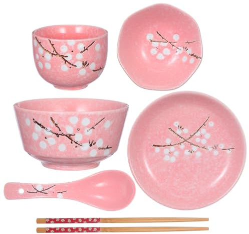Minkissy 6Pcs Japanese Ceramic Tableware Set Pink Dinner Sets Ceramic Dinnerware Including Bowl Plate Cup Spoon and Chopsticks Stackable Space-Saving Design for Home Restaurant