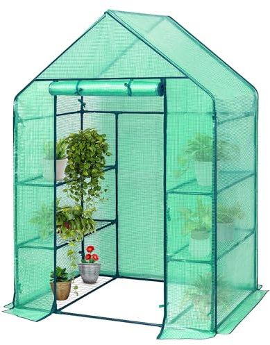 SG Traders Walk In Greenhouse with 6 Shelves - Weatherproof Garden Grow House with PE Cover - Portable Heavy Duty Frame Outdoor Green House for Garden, Roll-Up Door Panel with Zipper, Easy to Assemble