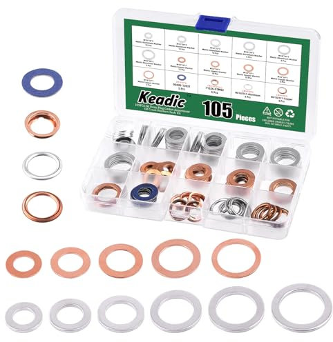 Keadic 105Pcs Oil Drain Plug Gaskets Washer Assortment Set, 90430-12031, 11026-01M02, N0138157 Oil Crush Washers Seals Kit for Automotive