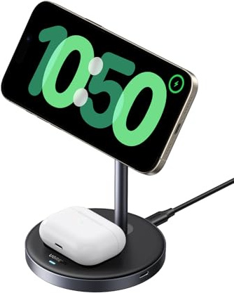 UGREEN MagFlow Qi2 15W iPhone Ladestation, 2 in 1 kabelloses Ladegerät MagSafe-Kompatibel, 90° verstellbares Wireless Charger, für iPhone 16/15/14/13/12, AirPods 4/3, mit 1M Kabel