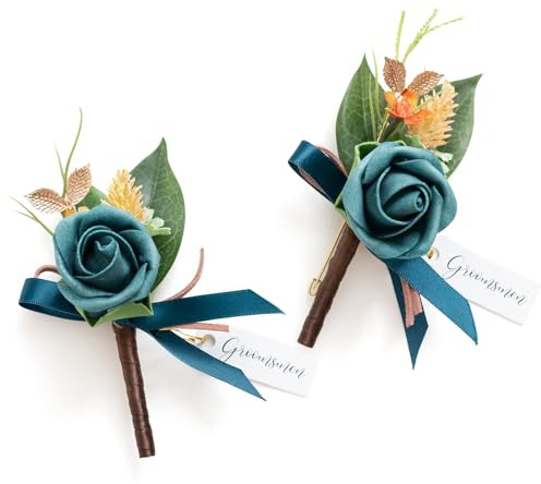 Ling's moment Boutonniere for Men, 2pcs Groom Groomsmen Guest Boutonniere, Artificial Flowers for Wedding/Prom/Homecoming, etc.Dark Teal Burnt Orange | Groom Groomsmen Guest, Artificial Flowers, Wedding/Prom/Homecoming