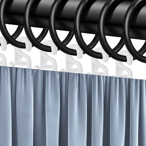 MIPIACE 60 Stück Vorhangringe mit 60 Haken Kunststoff Gardinenringe Schwarz Gardinen Ringe für Stange 30 mm Innendurchmesser für Fenster Duschvorhänge Schienen