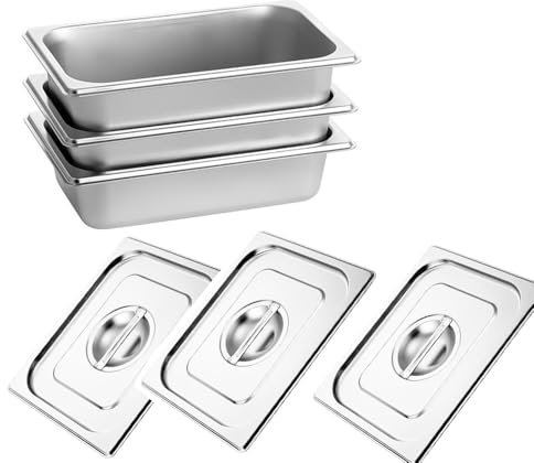 Juego de 3 cuencos para empanar, recipiente de acero inoxidable con tapa, juego de empanado de acero inoxidable, cuenco para empanar, ideal para comer y chafing dish, 32,5 × 17,6 × 6,5 cm