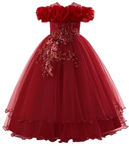 IBAKOM Vestido de niña de flores festivo para boda: vestido de verano sin mangas con flores largo - vestido de princesa de tul para niños de 7 a 12 años, rojo, 11 años