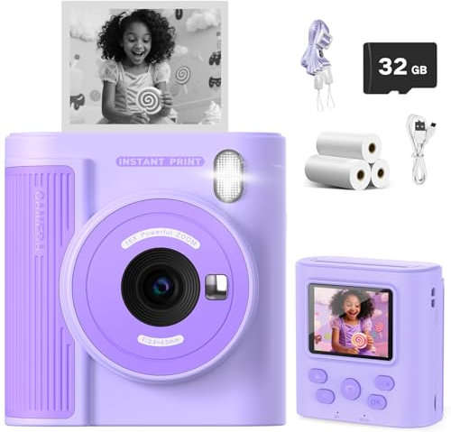 Zicor Caméra Enfants avec Carte SD 32GB, Vidéo 1080HD & Impression Instantanée, Cadeau Noël/Anniversaire Garçons-Filles, Portable